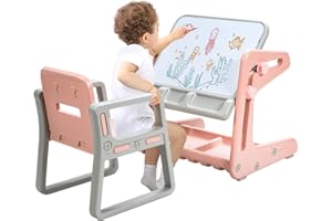COSTWAY Mesa para Niños con Silla Pizarra Magnética Escritorio con Tablero Altura Ajustable Juego de Mueble con Espacio de Almacenamiento para niños de 3 a 12 años (Rosa Claro)