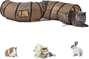 AVASEE Tunnel per gatti leggero e pieghevole a 5 vie, con pompon e campane, giocattolo interattivo per gatti, conigli, gattini, cuccioli, furetti, porcellini d'India (a forma di S, marrone)