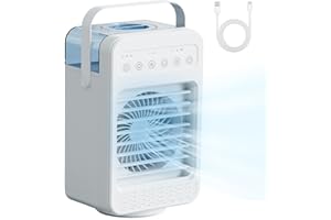 MUMUWIND Tragbare Klimaanlage Mobil, 4-in-1 Mobiles Klimagerät, Mini Luftkühler mit Wasserkühlung,Wasser ventilator 600ml Wassertank, 3 Windgeschwindigkeiten & 2 Feuchtigkeits Modi, Timer, Farben Licht