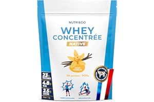 NUTRI & CO Whey Concentrate Native - Jusqu’à 80% de Protéines - Pur Lait Français Low Lactose Digestion Facile - Riche en BCAA - Prise de Masse & Musculation - 900g 30 portions goût Vanille