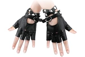 KINBOM 1 par Guantes de Cuero sin Dedos Mujer, PU Suave Guantes de Cuero Medio Dedo Guantes sin Dedos Punk Disfraz de Rockero con Pulsera de para Halloween Mujer Adolescentes