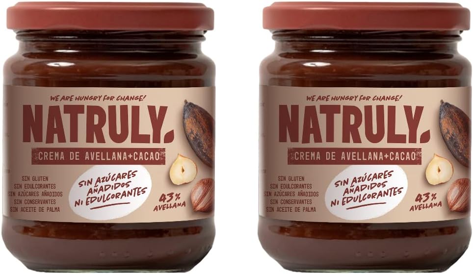NATRULY Crema de Avellanas y Cacao Sin Azúcar y Sin Edulcorantes, con Fibra de Achicoria, 43% Avellana (Pack 2 * 285g)