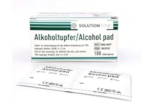 SOLUTIONTONIC Alkohol Vorbereitungspads Alkoholtupfer, 70% Isopropylalkohol, 100 Stück, Erste Hilfe Alkoholtupfer, einzeln verpackt, Alkoholtupfer für allgemeine Reinigung, 2-lagig, chirurgische Alkoholtupfer