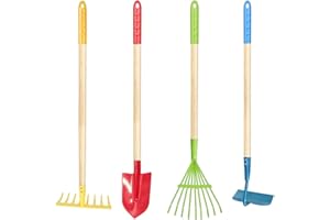 YORFULL Herramientas de Jardinería, Kit de 4 Piezas con Pala, Rastrillo para Hojas, Rastrillo Jardín, Azada, Juego para Niños de 3 Años