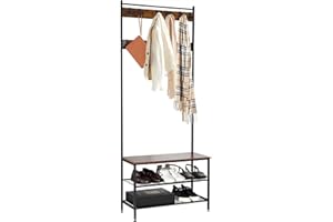GAWENTINY Coat Rack, Coat Rack with Shoe Bench, Entryway Storage Organizer with 9 Movable Hooks, 3-in-1 Design, Steel Frame, for Bedroom, Hallway, Entrance, Industrial, Rustic Brown