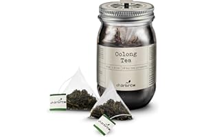 Charbrew Oolong Tea - 16 Fine Mesh Pyramid Teabags with String & Tag in Reusable Glass Mason Jar | Premium Tea Blend
