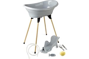 THERMOBABY - Pack Bain Bébé Vasco 7 en 1 Gris - Baignoire + Pied + Vidange + Transat de bain réglable + Thermomètre + Eponge + Brosse et peigne - Fabriqué en France