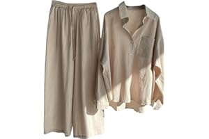 RLEHJN Two Piece Linen Outfit Women UK Sale Plus Size 22,Ladies Linen Co Ord Set Summer Long Sleeve Button Shirts Wide Leg Trousers Loungewear Beach Suit Tracksuits for Going Out Holiday Clearance