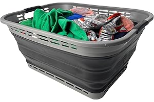 SAMMART 42L Collapsible Plastic Laundry Basket - Foldable Pop Up Storage Container/Organizer - Portable Washing Tub - Space Saving Hamper/Basket (Grey/Black)