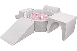 KiddyMoon Aire De Jeux en Mousse avec Rond Piscine À Balles (200 Balles) Fosses À Boules pour Enfants Jouets Parcours Obstacles, Fabriqué en UE, Gris Clair: Rose Poudré/Perle/Transparent
