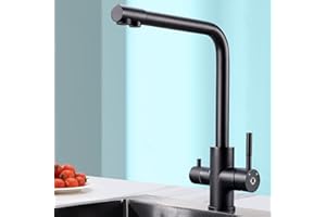 CECIPA Rubinetto Cucina 3 Vie Nero, Miscelatore Cucina per Acqua Filtro, 3 in 1 Rubinetti Cucina per Acqua Potabile a Doppia Leva, Girevole a 360 °