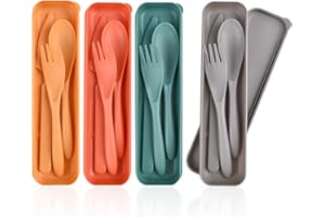 CUNTAUK Juego de cubiertos de viaje con funda, juego de 4 cubiertos portátiles reutilizables de plástico, tenedores de cuchara, vajilla de camping, juego de cubiertos para viajes, picnic, al aire libre