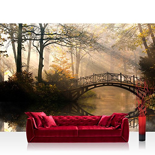 Fototapete Wald - ALLE WALDMOTIVE auf einen Blick ! Vlies PREMIUM PLUS - 350x245 cm - ROMANTIC BRIDGE - Wald Wasser Bäume - no. 264