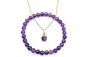 Parure Chaine dorée inoxydable avec petit Pendentif Améthyste et Bracelet personnalisé assorti en Pierres Naturelles | Perles rondes 6 mm | Création Artisanale Française