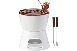 Geoyien Fondue de Chocolate, Fondue Chocolate y Mantequilla de Cerámica, Set de 300ml con 2 Tenedores para Queso, Blanco