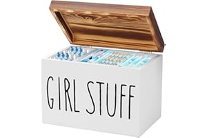 YALLMIE Boîte de Rangement Serviette Hygiénique à 2 Compartiments et Couvercle, 20.3x15.3x13cm Boîte de Serviette Hygiénique en Bois Boîte de Rangement pour Tampons Coton Tige Produits Salle de Bain (Blanc-1)