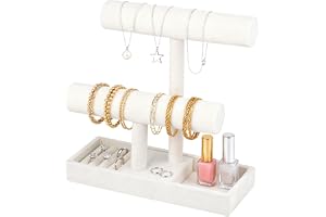 Funsuei Smyckesorganisatör med 2 nivåer, beige smyckesställ, smyckeshållare för sovrum, halsband, organisatör för smyckesförv