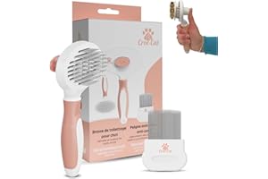CROC-CAT Brosse à chat – Outil de toilettage polyvalent pour poils longs et courts, ergonomique, système autonettoyant en une seule pression, livré avec un peigne anti puces pour une action complète.