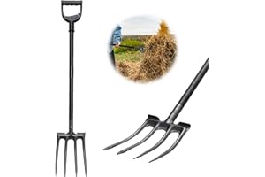 DAKEPOLE Spatengabel,Grabegabel zum Räumen von loser Erde und Heu von Flächen, Mistgabel mit 4 Zinken Schwarz für Gartenarbeiten,Spatengabe mit Metall 116 cm Heugabel Gartenpflege Gartengeräte Gartenwerkzeug