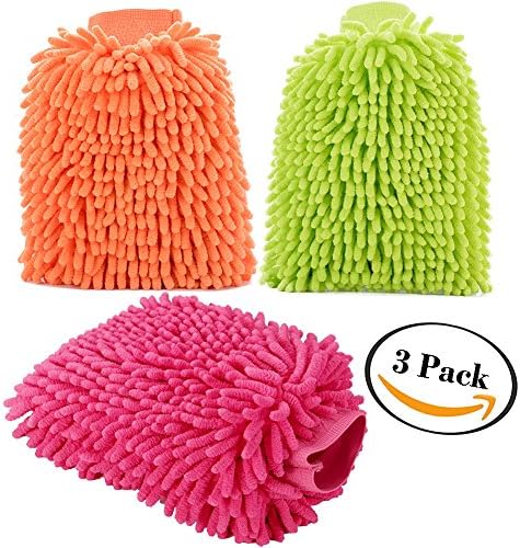 3Pcs Waterproof Microfiber Car Wash Mitts Premium Chenille Ultra-soft Scratch-Free Lint Free Gloves Absorbent Dusting Polishing Cleaning Sponge Cloth Kit Use Wet or Dry Use, Rose Red Green Orange