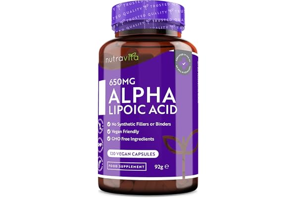 Acide Alpha-Lipoïque 650 mg − 120 Gélules Entièrement Végétales très Puissantes − 100% Naturelles, sans Agent de Remplissage Synthétiques − Provision de 4 Mois − Fabriqué au Royaume-Uni par Nutravita