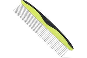 Alinana Grooming Comb for Dogs and Cats - Stainless Steel Rounded Teeth and Rubber Handle Make it Easy to use on Long-Haired Dogs - Removes Loose Undercoat, Knots, Mats, and Tangled Hair