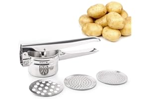 FUKTSYSM Potato Ricer, Stainless Steel Potato Ricer Multifunctional Professional Masher Heavy Duty Food Press for Fruit Vegetable with 3 Pieces Replaceable Strainer (Fine Medium Coarse)