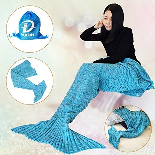 Mermaid Tail Blanket with Sea Wavy Striped Pattern, Handmade Crochet Snuggle Throws Blanket for Living Room (Wavy Blue, 74.8x35.4inches)