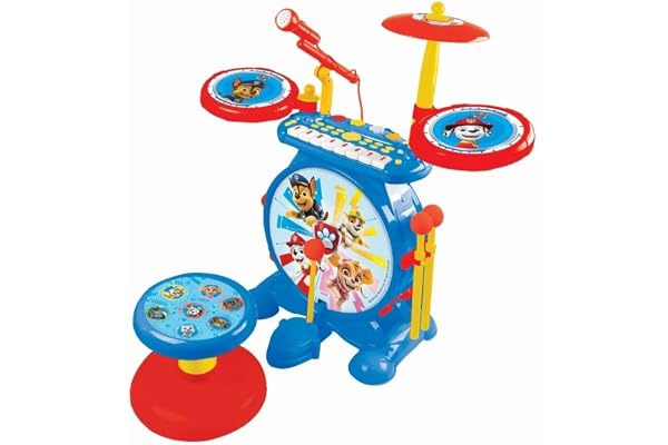 Lexibook, La Pat'Patrouille, Batterie Électronique pour Enfant, Jeu Musical, Jouet Mixte, Vrai Son de Batterie, Clavier 8 Notes, Prise pour MP3, siège Inclus, Bleu/Rouge, K610PA