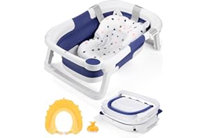 JISSTA Vaschetta Bagnetto Neonato Pieghevole Vasca Neonato Bagnetto（Blu）,Viene Fornito con Cuscino da Bagno, Cuffia Doccia, Spazzola Doccia, Adatto per Neonati