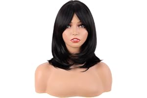 MapofBeauty 18 Zoll/45 cm Layered Bangs Gerade Synthetische Faser Schulter Länge Haar Tägliche Verwendung Perücke (Schwarz)