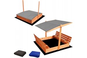SUNWOOD Sandkasten 140x140 cm Imprägniert Premium Sandbox mit Abdeckung Sitzbänken Deckel Plane Sandkiste Holz