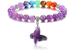 CrystalTears Chakra Crystal Bracelet for Women 8mm Natural Healing Crystal Gemstone Bead Bracelet Butterfly Quartz Crystal Stone Anxiety Bracelet Crystal Jewelry Gift for Christmas