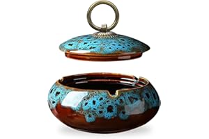 SHOWHEEL Keramischer Aschenbecher mit Deckel, Zigarettenaschenbecher für drinnen und draußen, Schreibtischdeko für Haus und Büro (Blau)