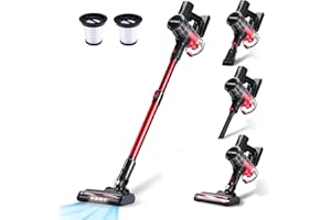 monmecd Aspirateur Balai sans Fil 4-en-1, 150W, 6 * 2200mAh, 49 Min d’Autonomie, LED, 2 Vitesses, Ultra Léger, Réservoir 1L, pour Tapis Sols Durs Poils d’Animaux Voiture - Gris