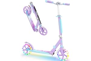 BELEEV Patinete de 2 Ruedas, Plegable Patinete con LED Luces Stem, Deck, Altura Ajustable, Big Wheel 200mm Scooter Adult con Correa de Transporte, Marco Resistente para 6+ Niño Niña Adulto