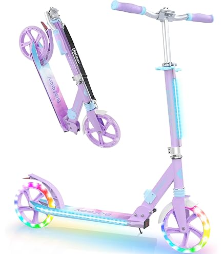 COSTWAY Patinete Plegable Para Niños Y Adultos Con Luces LED En Ruedas – Scooter Con Altura Regulable, Ruedas De 200 Mm Y Freno De Pedal, Ideal Para Más De 8 Años