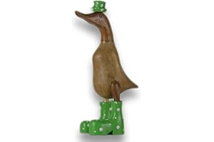 ‎ART-CRAFT ART-CRAFT Holz Ente Lauf Ente Gartendeko Figur aus Bambus Wurzel und Teak Holz mit Stiefel und Hut Gruen 25cm hoch