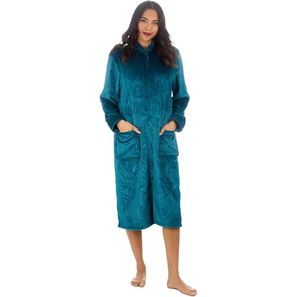 Robe De Chambre Longue En Polaire Pour Femme Slumber Hut® - Fermeture éclair, Col Mandarin, Poches - Taille 36 à 50 - Gris Doux