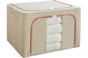 Organisers Storage Box for Clothes 66 Liter Capacity Wardrobe Organizer for Clothes Storage Organizer Foldable Steel Frame with Zipper & Clear Window with Handle (Cream, 66 Ltr - Pack of 1)