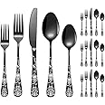 XIAOYU 20 Piece Black Bizarre Skull Silverware Set, Gothic Stainless Steel Flatware Set Serving for 4, Unique Skull/Crow/Flower/Bat Pattern Design, Halloween Cutlery Set Festival Tableware Utensils