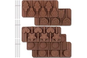 Cozihom Molde de silicona para piruletas de 6 cavidades, Navidad, redondo, estrellas y corazones, moños, forma de caras sonrientes y 130 palitos de piruletas