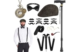 WILDPARTY 20er Jahre Kostüm Herren Accessoires, Faltbarer Krücken Metall, Panamahut, Taschenuhr, Metallbrille, Fliege, Hosenträger, Mafia Gatsby Kostüm 1920S Gangster Made China