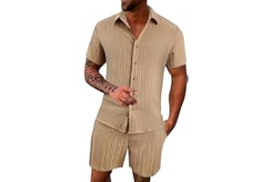 POIUIYQA Conjunto de vestido para hombre de verano de lino transpirable de color liso con solapa y pantalones cortos para hombre