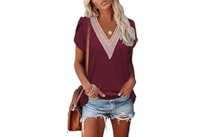 Famulily Women's Lace Trim V Neck T-Shirts, Short Petal Sleeve Summer Dressy Tops Casual Blouses S to XXL