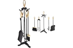 GiantexUK 5-Piece Fireplace Companion Set, Wrought Iron Fire Place Tools Set with Stand, Tong, Shovel, Brush & Poker, Fireside Wood Burner Coal Stove Accessories (Gold + Black, 4 Hooks, 3-Point Base)