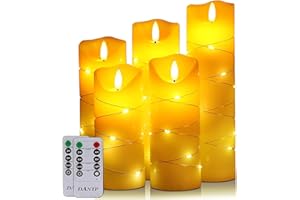 Danip LED Flameless Candle with Embedded String Fairy Lights, Set of 5, 11-Button Remote Control, 24-Hour Timer Function, Dancing Flame, Real Wax, Battery-Operated (White)