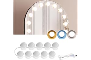 AURORIONCG Lumière de Miroir de Vanité 10 Ampoules de Maquillage Dimmable 3000K/4000K/9000K Température de Couleur Ajustable Alimentée par USB Stick On