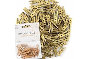‎CARPETA 48x Mini Wäscheklammern aus echtem Holz | Größe: 25x10x4mm, mit Metallfeder, für Deko und zum Basteln | Miniklammern Holzklammern Klammer… (Gold)