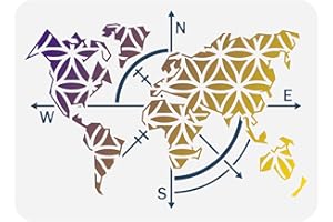 FINGERINSPIRE Pochoir de Peinture de Carte du Monde 29.7x21cm Pochoir de Carte de Fleur de Vie Réutilisable Modèle de Dessin de Boussole en Plastique Pochoirs Creux pour Peinture sur Mur Meubles Bois